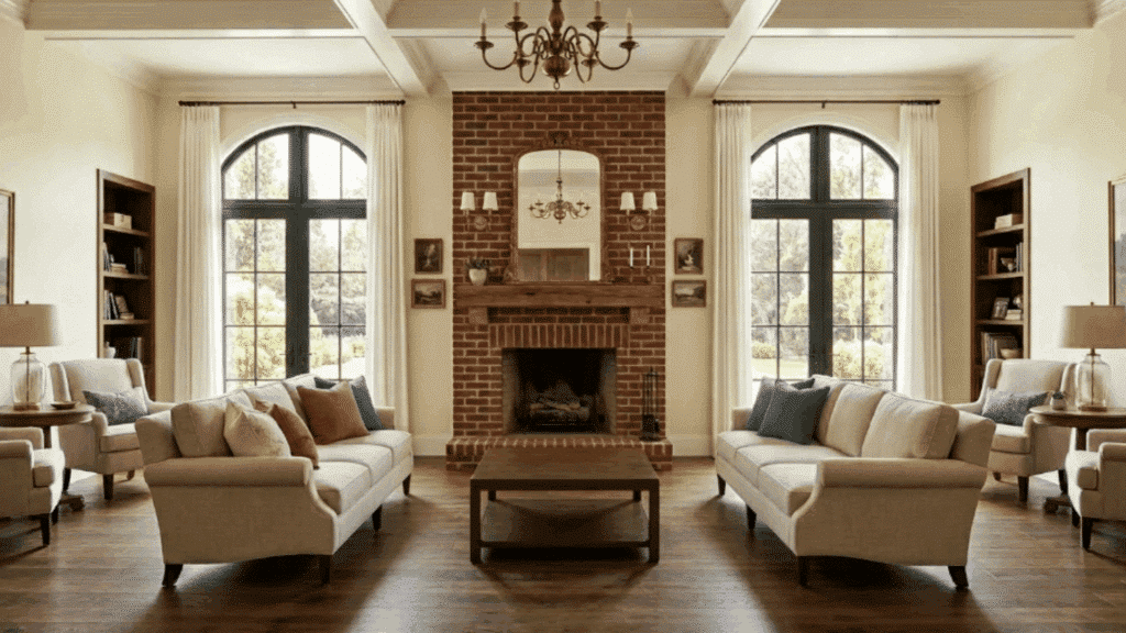 modern traditional interior design living room with symmetrical seating sofas facing fireplace wooden floor and window light