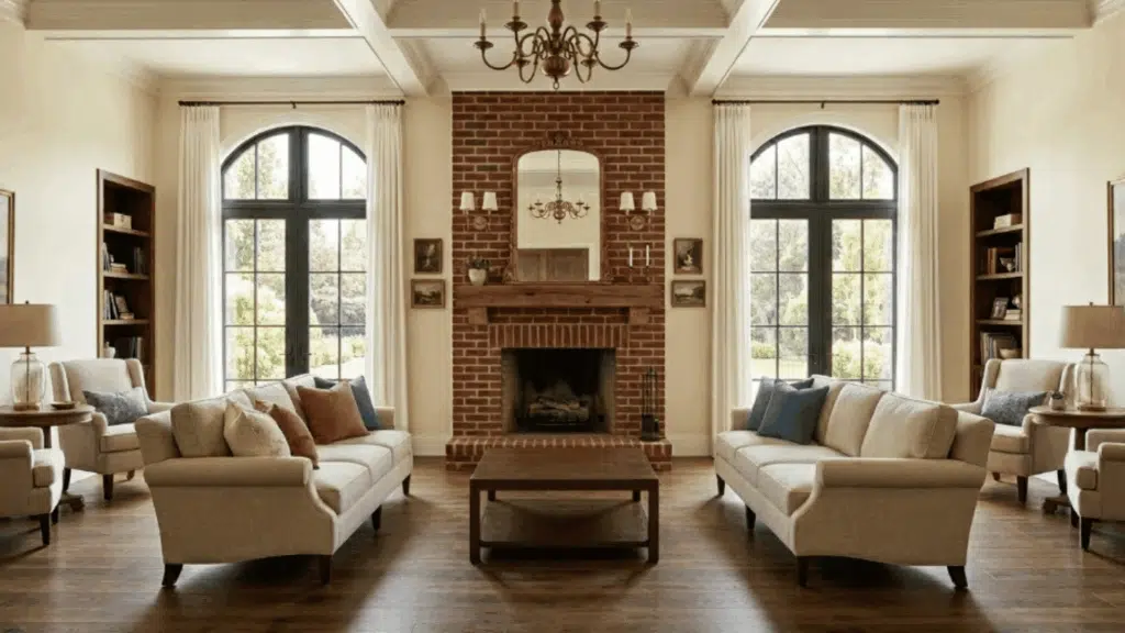 modern traditional interior design living room with symmetrical seating sofas facing fireplace wooden floor and window light