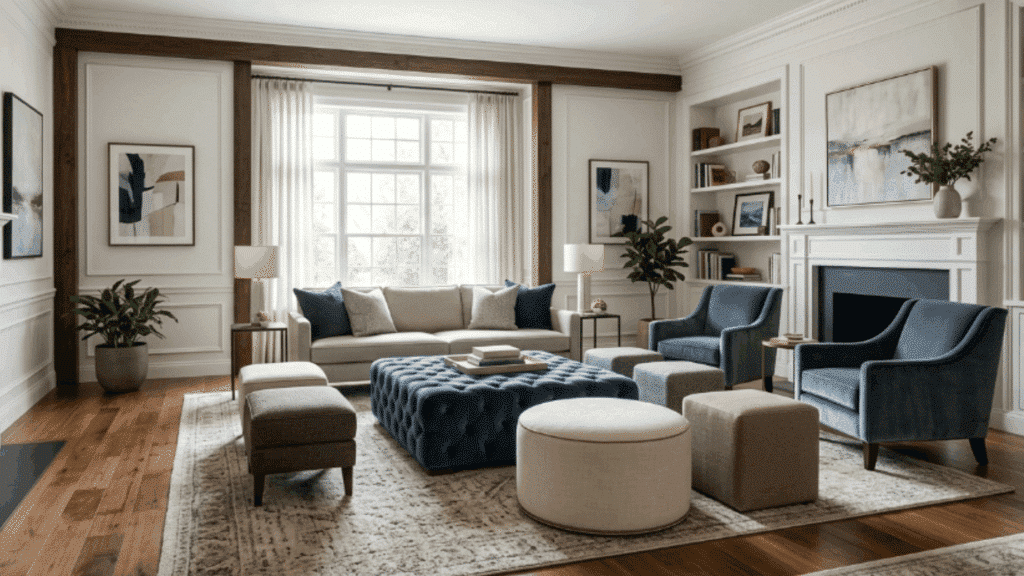 modern traditional interior design living room with upholstered ottoman seating layout neutral sofa and daylight