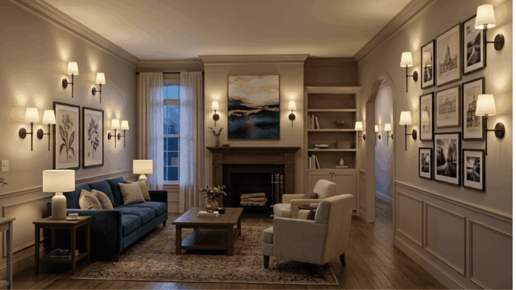 modern traditional interior design living room with wall sconces lighting artwork neutral walls and evening glow