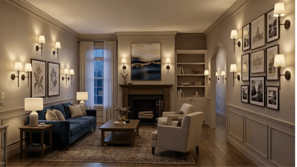 modern traditional interior design living room with wall sconces lighting artwork neutral walls and evening glow