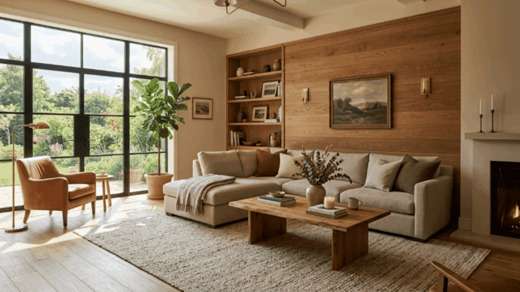 modern traditional interior design living room with warm wood paneling walls