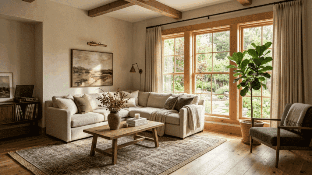 modern traditional interior design living room with wooden window casings