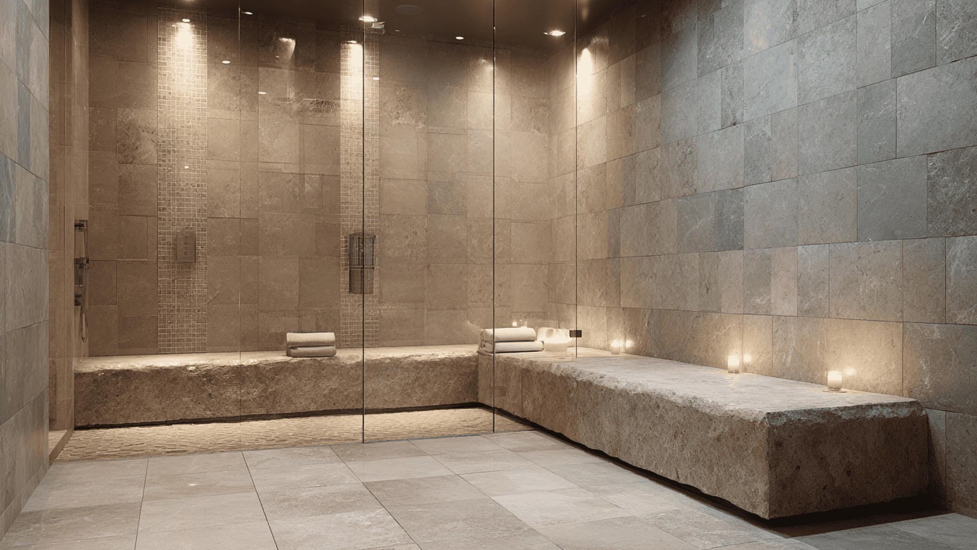 modern walk-in shower with built-in bench, glass enclosure, soft lighting, elegant and accessible commercial design