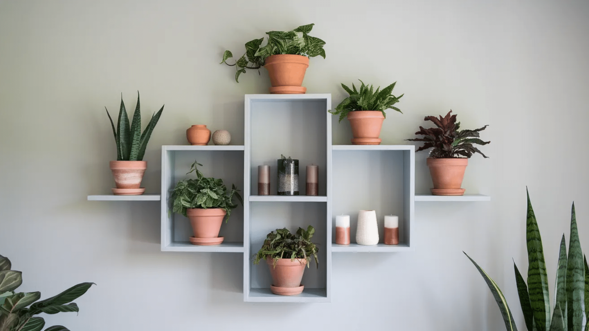 modern wall shelf display featuring potted plants in terracotta pots, decorative candles, and small accessories, arranged in geometric sections.