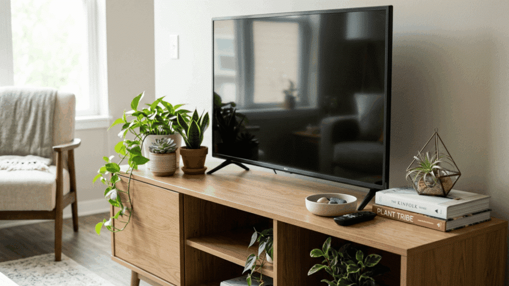 modern wooden TV stand with plants and books styled in a bright living room.