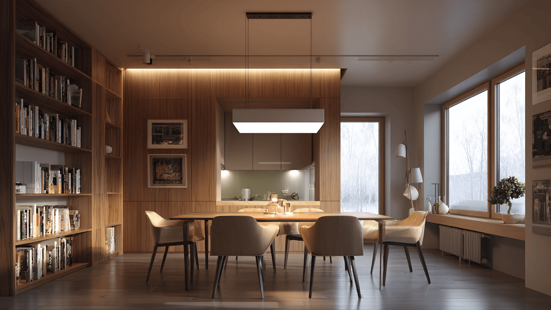 modern wooden dining room with built in shelves minimalist table warm lighting and large window view