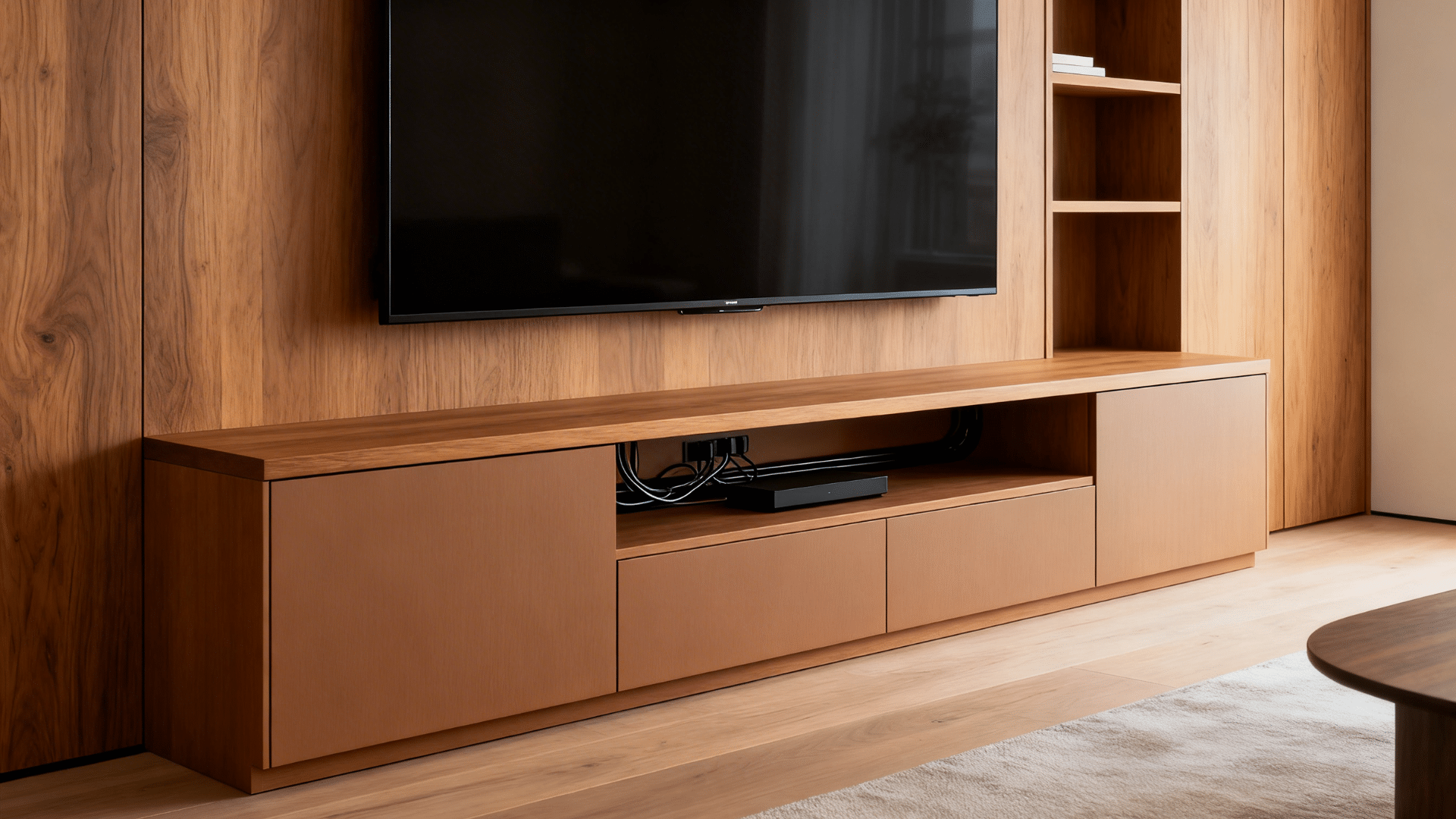modern wooden media console with flat screen tv above and shelves storing electronics cables in clean minimalist living room setup