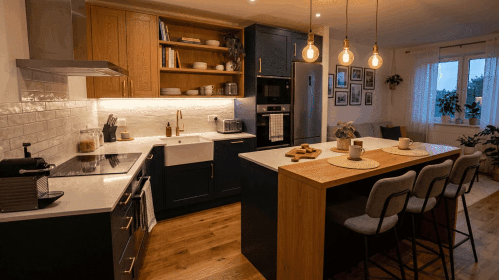 modular kitchen with breakfast counter offering extra seating and prep space for quick everyday meals