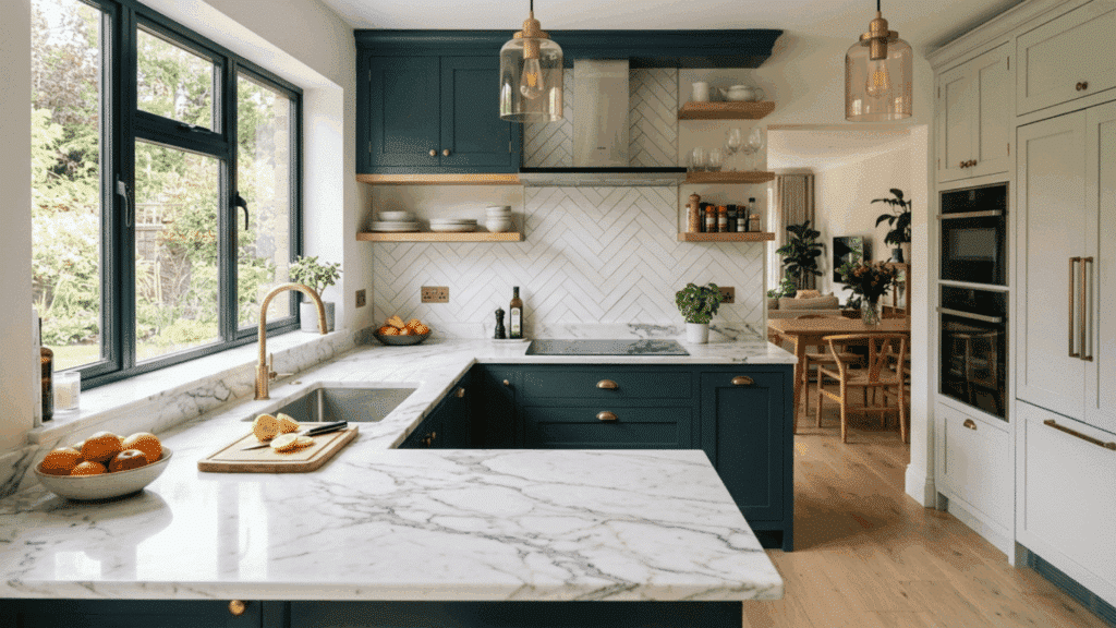 modular kitchen with marble countertop adding a classic high-end look with natural veining and character