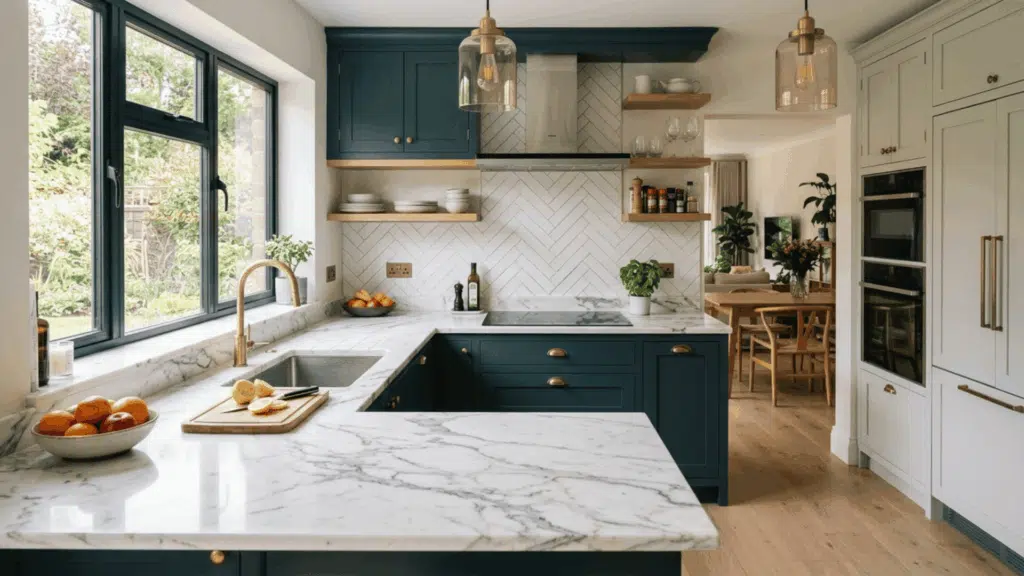 modular kitchen with marble countertop adding a classic high-end look with natural veining and character