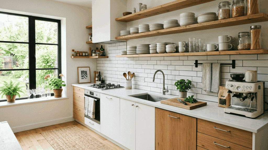 modular kitchen with open shelving for easy access to daily items and a relaxed casual feel
