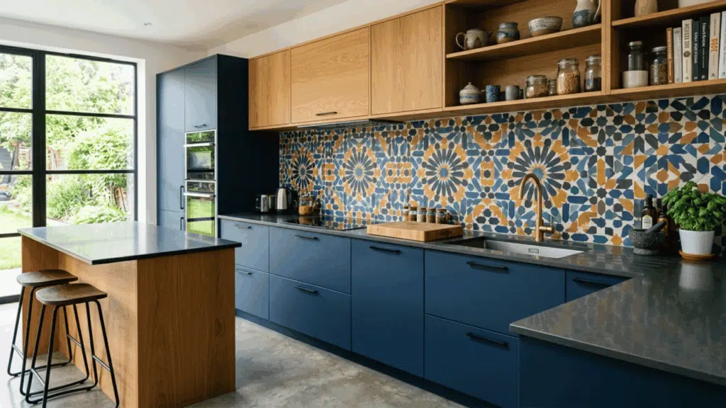 modular kitchen with statement backsplash featuring bold tiles or patterns as a strong visual focal point