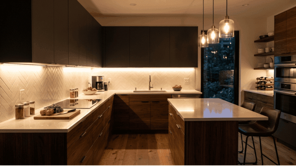 modular kitchen with under-cabinet lighting improving visibility and adding a warm soft glow to counters