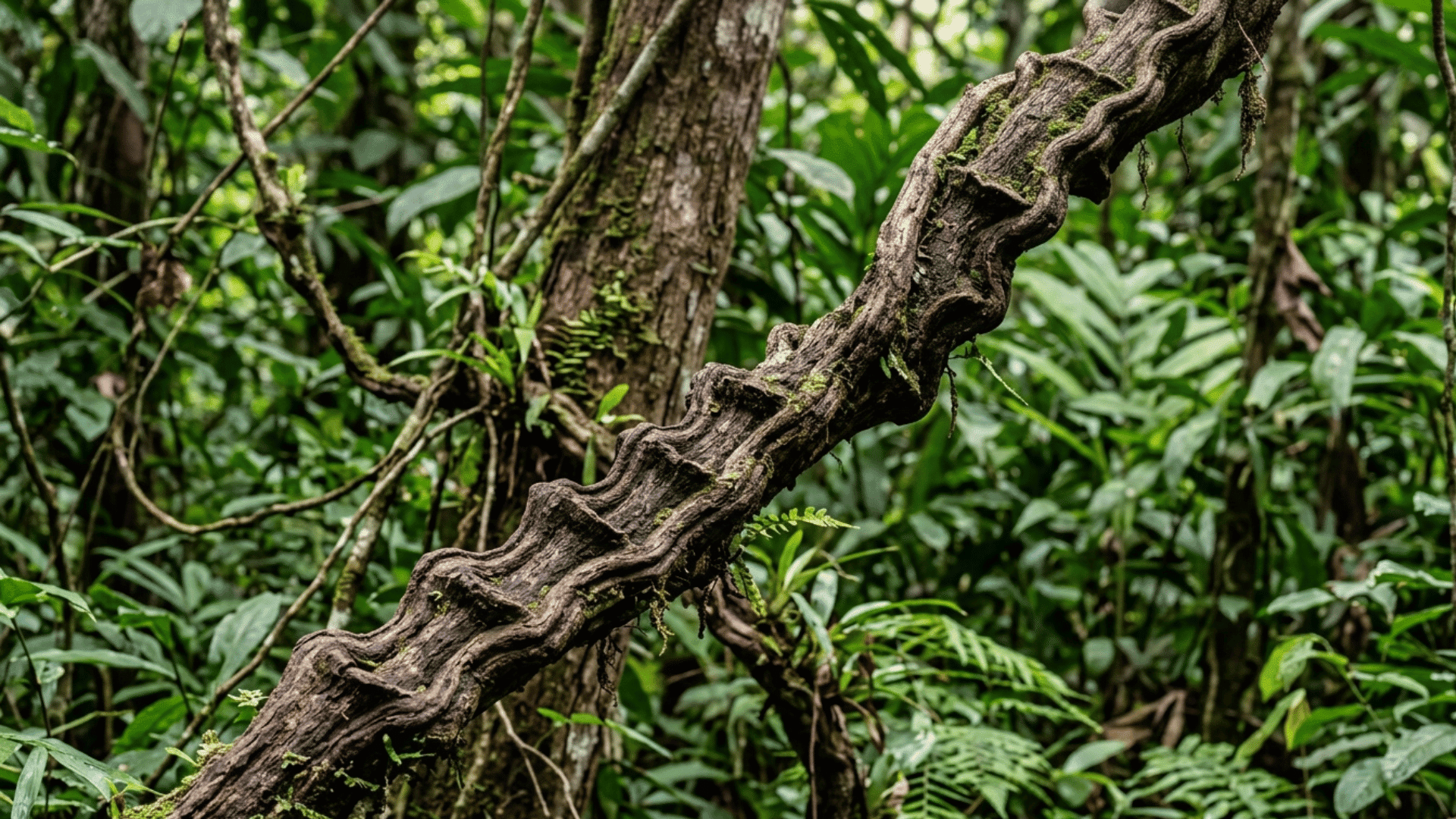 monkey ladder vine with thick twisted stem in rainforest.