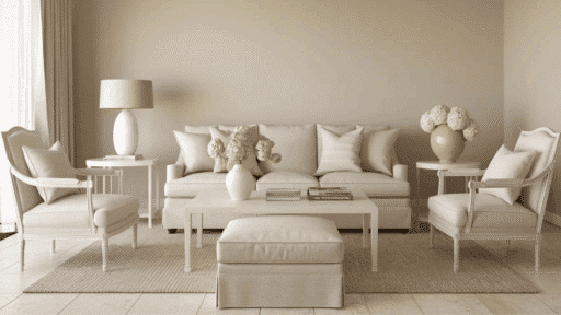 monochromatic beige living room with neutral sofa, armchairs, and decor creating a cohesive and elegant interior design