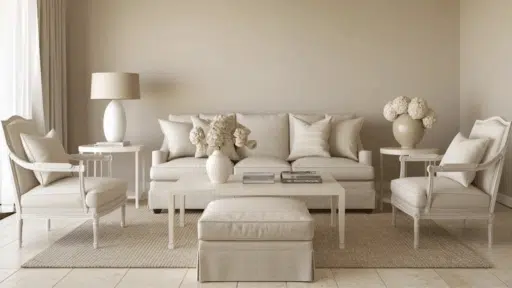 monochromatic beige living room with neutral sofa, armchairs, and decor creating a cohesive and elegant interior design