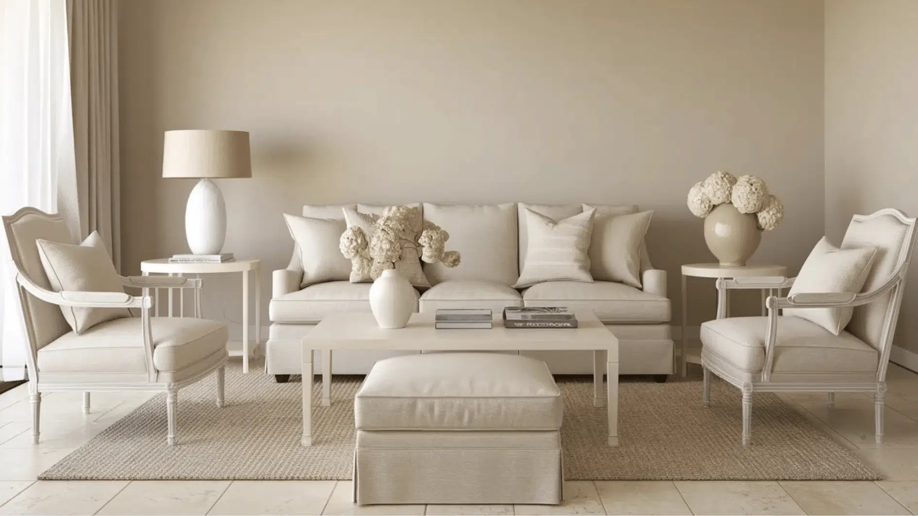 monochromatic beige living room with neutral sofa, armchairs, and decor creating a cohesive and elegant interior design
