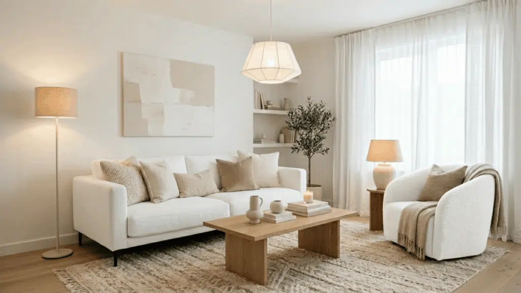 monochromatic white room with matching lamps, cushions, and neutral furniture