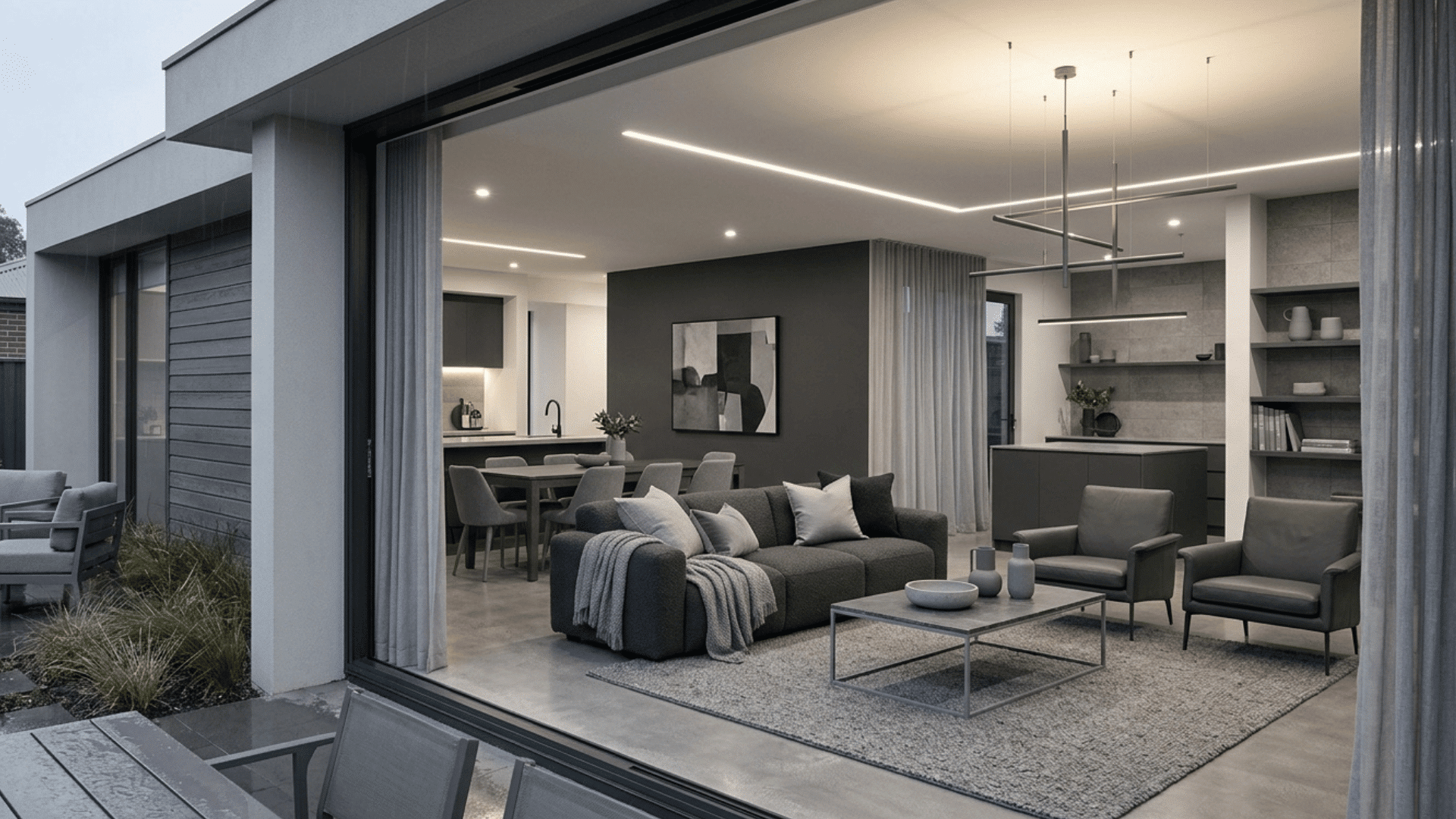 monochrome contemporary living space with open layout and modern lighting.