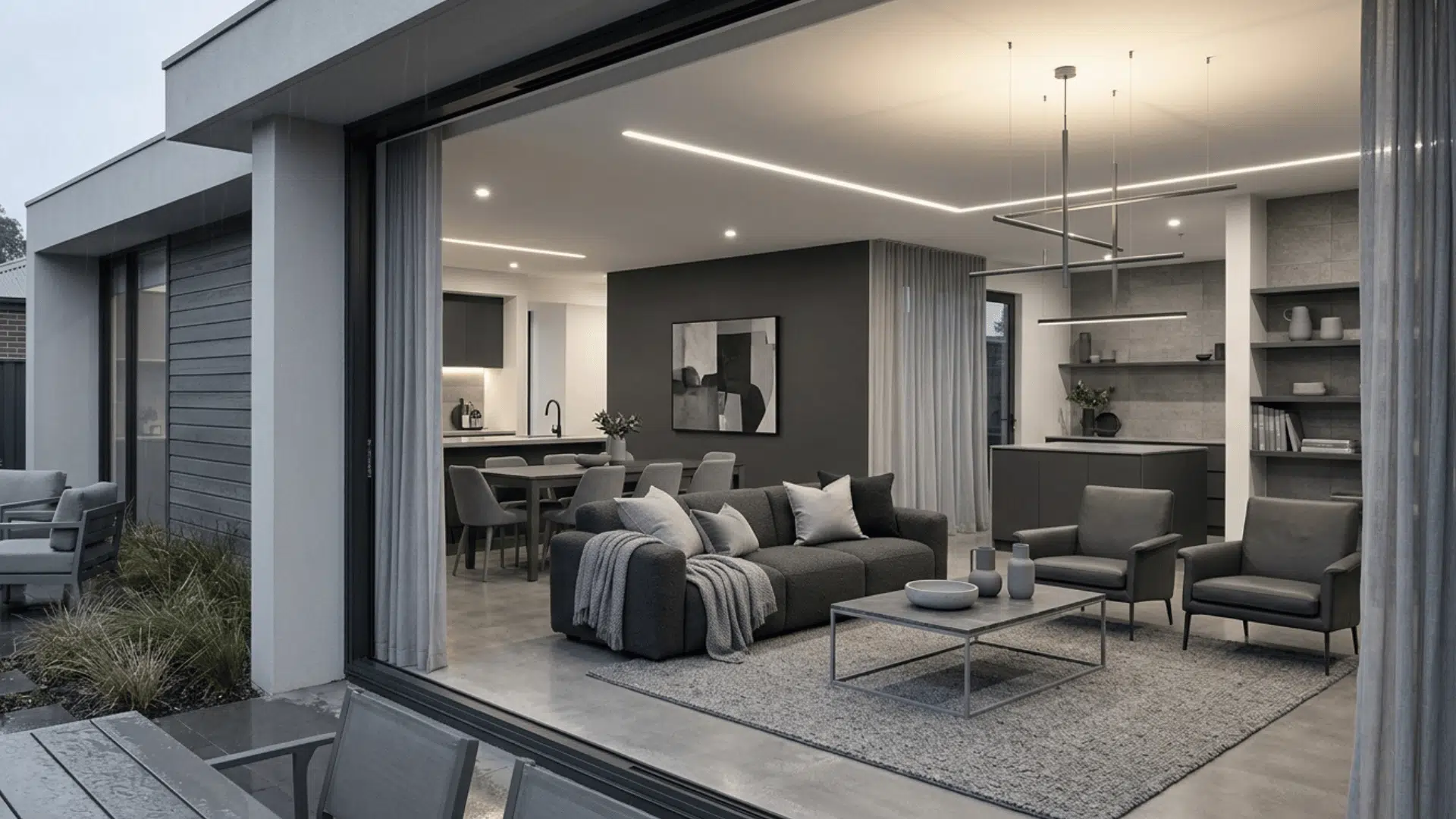 monochrome contemporary living space with open layout and modern lighting.