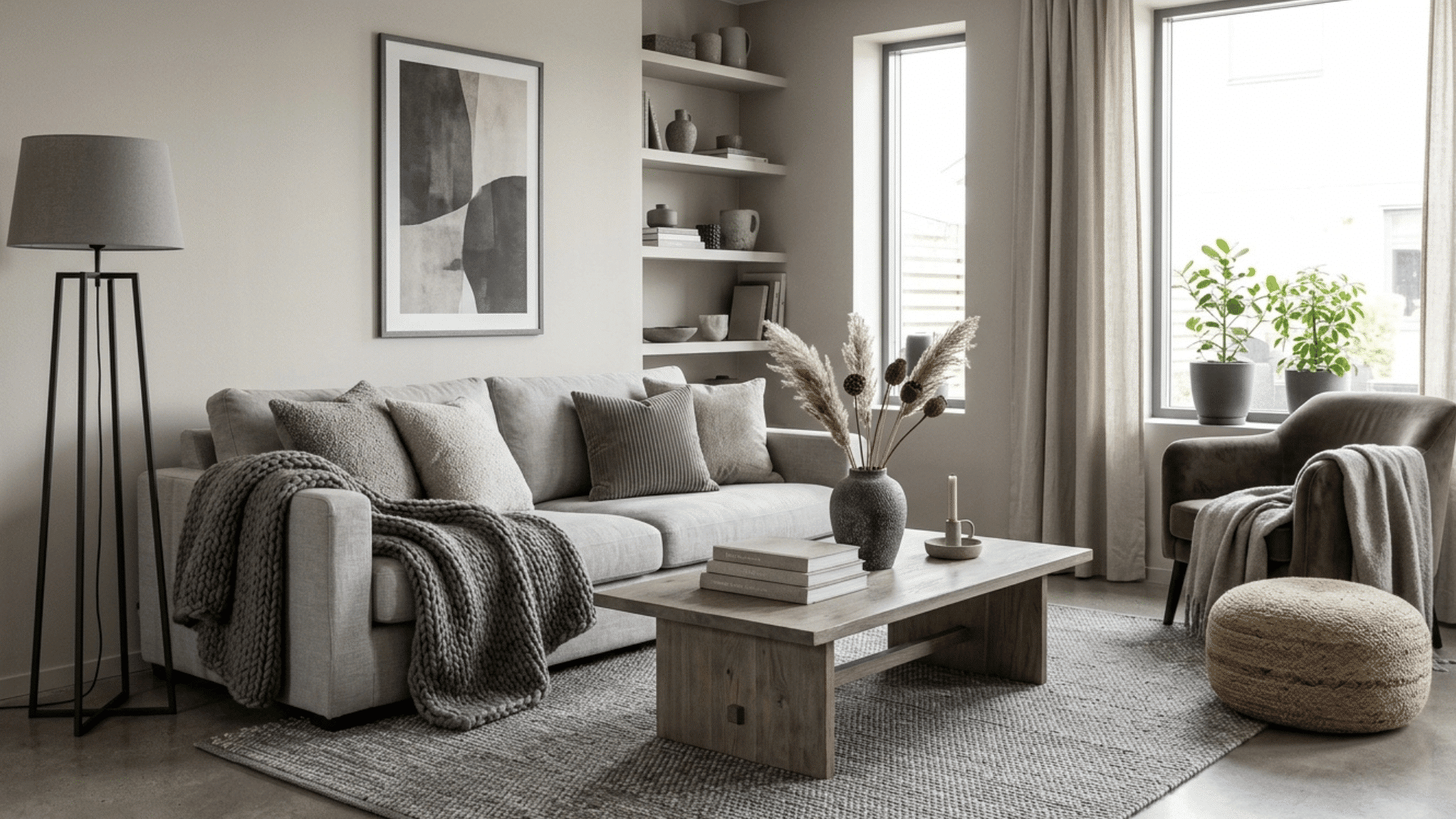 monochrome living room with neutral tones, soft textures, minimal decor, and cozy seating.