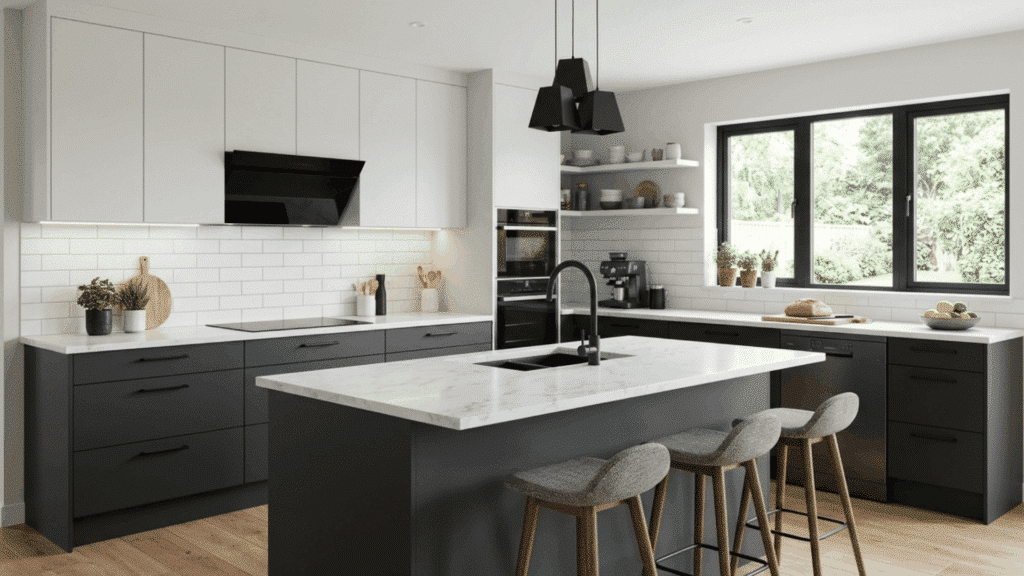 monochrome modular kitchen, single color palette, layered textures, modern clean design