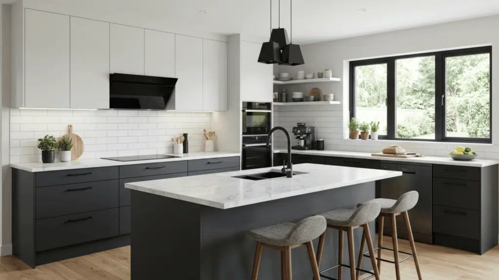 monochrome modular kitchen, single color palette, layered textures, modern clean design
