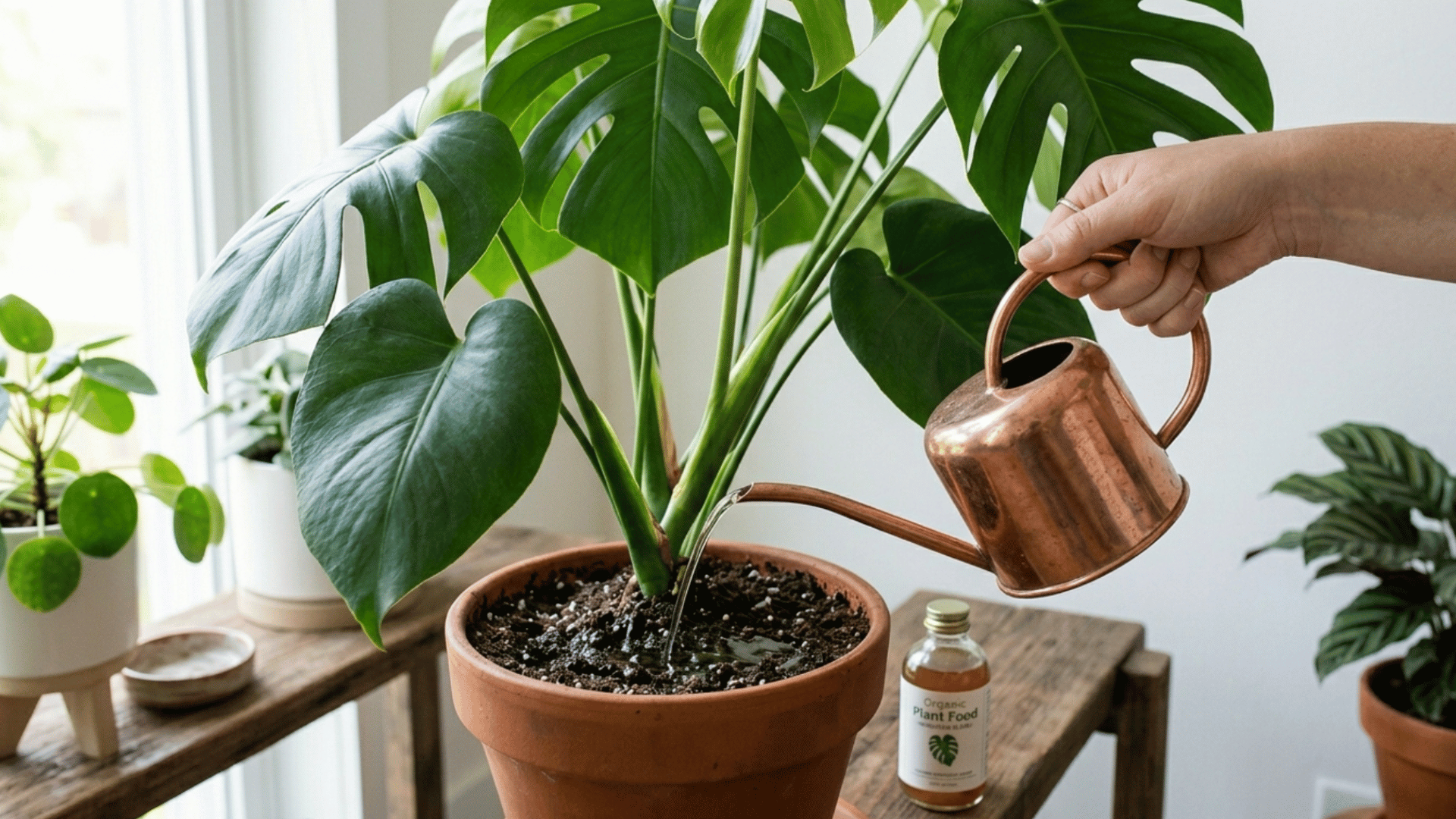 monstera plant in ceramic pot with large green split leaves placed in bright sunlight against wall (1)
