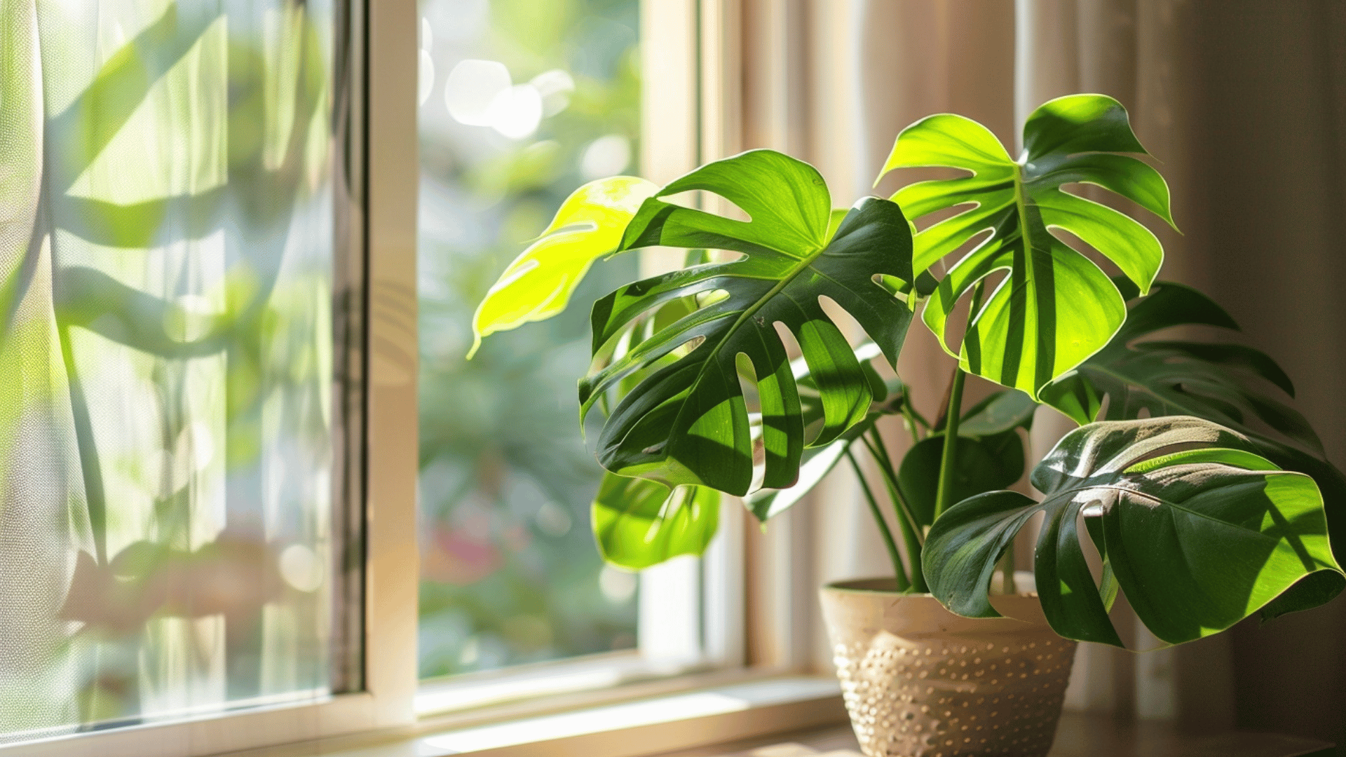 monstera plant near bright window with soft indirect sunlight in a modern indoor space