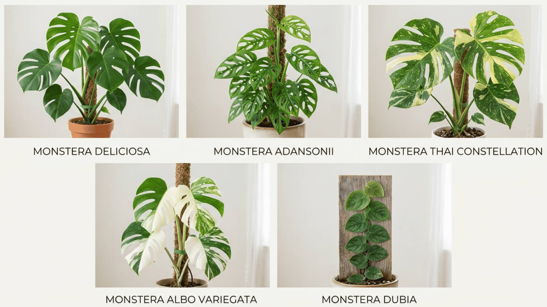 monstera plant varieties collage showing deliciosa adansonii thai constellation albo variegata and dubia with labels