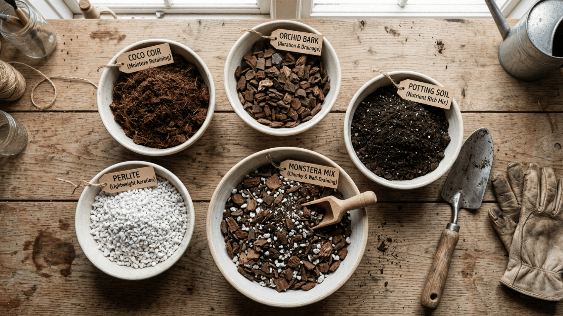 monstera soil mix with perlite orchid bark and coco coir arranged for well draining potting