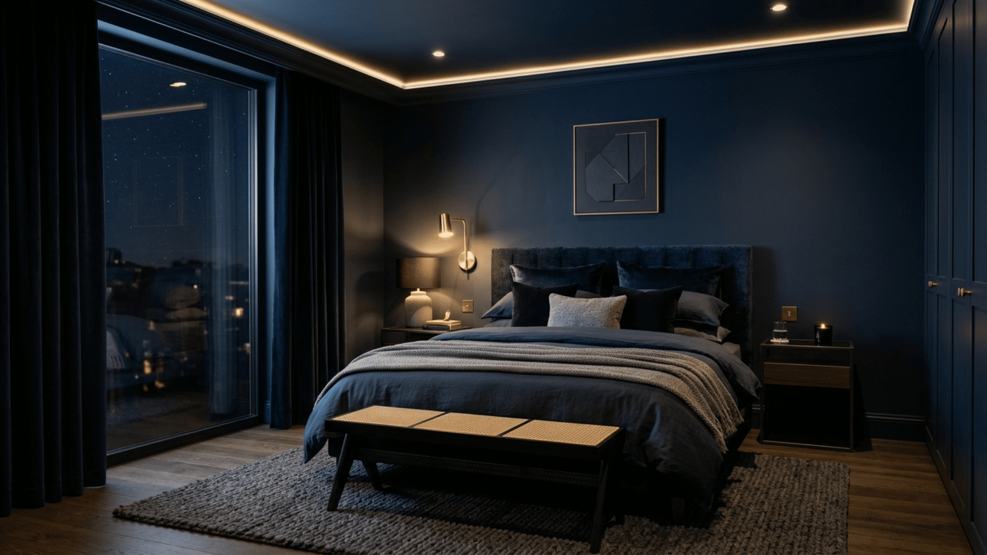 moody navy bedroom with modern lighting, plush bedding, city night view, and dark walls creating a cozy dramatic feel