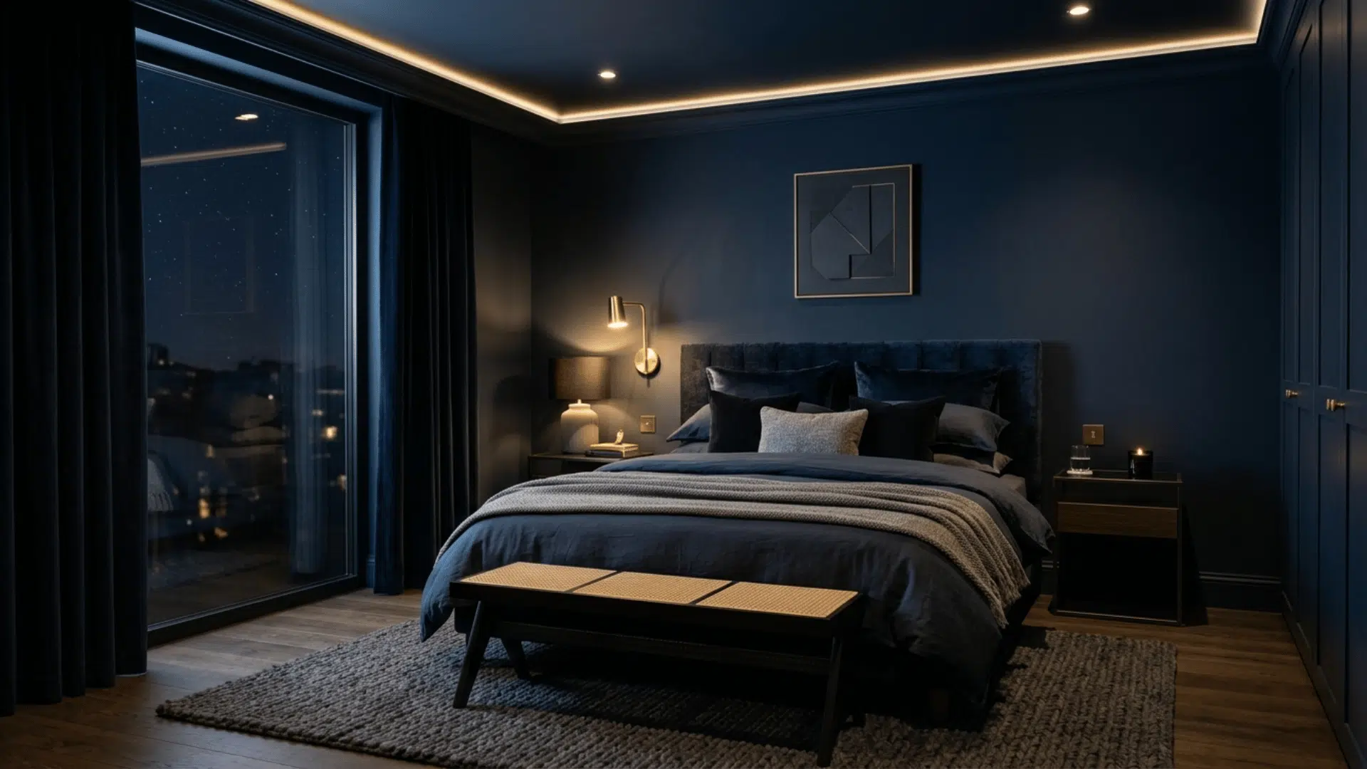 moody navy bedroom with modern lighting, plush bedding, city night view, and dark walls creating a cozy dramatic feel