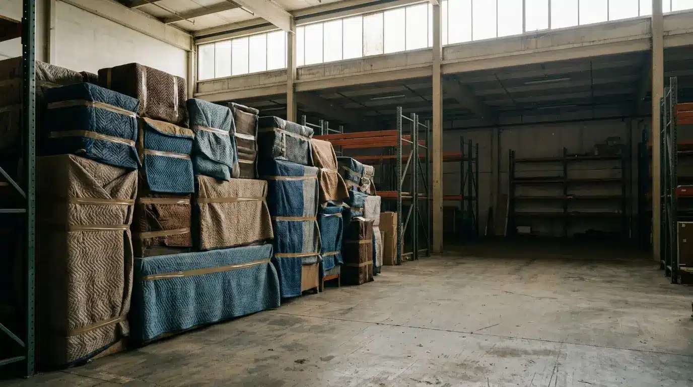 Stacks of wrapped furniture in spacious warehouse with high windows and empty shelves