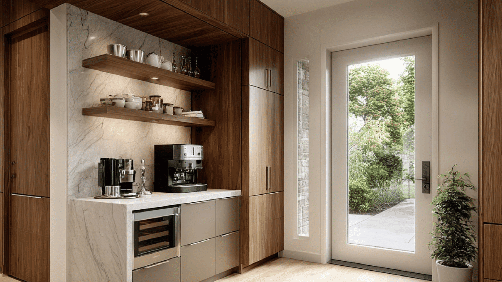 mud room with built in coffee station, sleek cabinetry, and compact functional lifestyle design