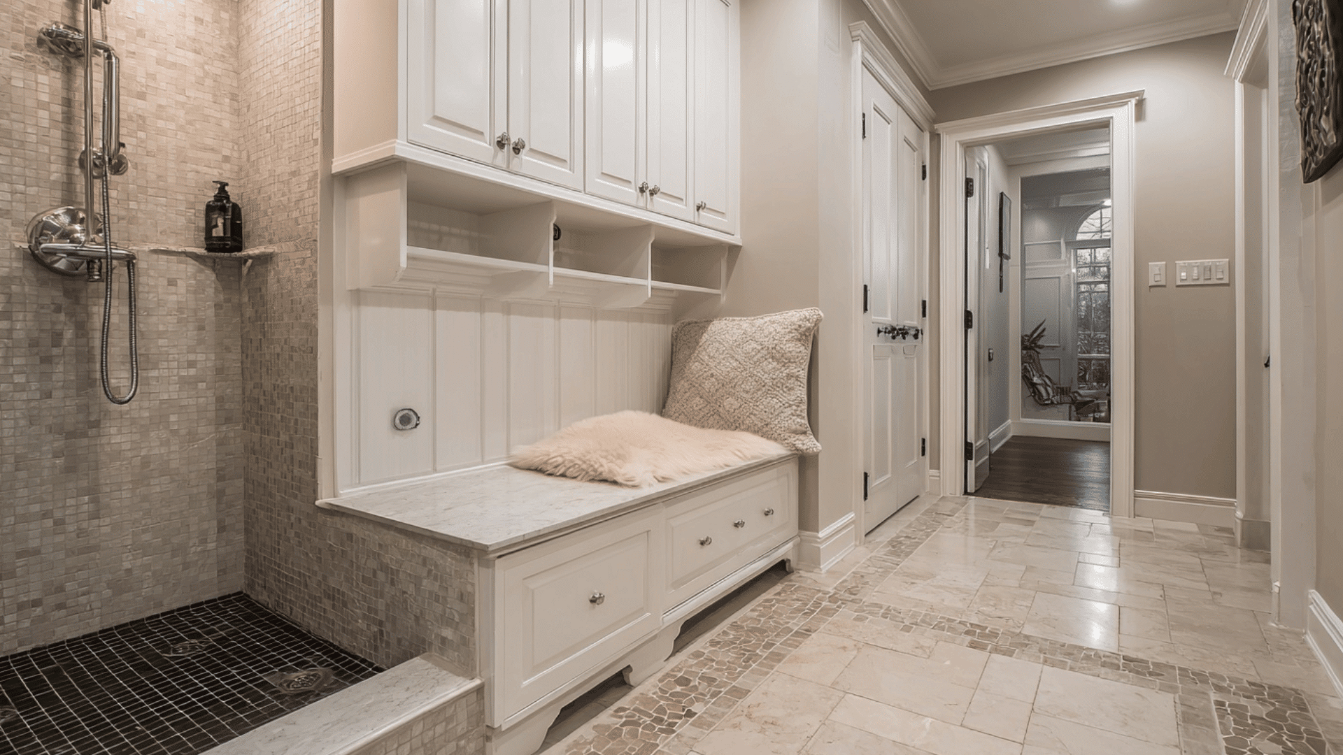 mud room with built in pet washing station and tiled area