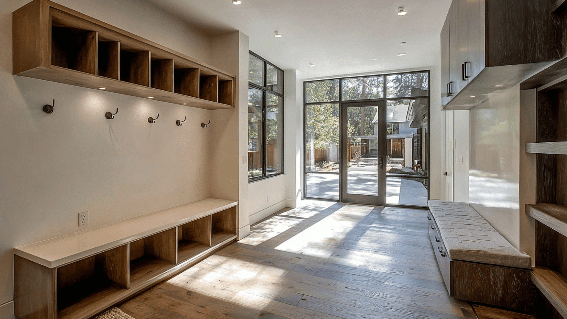 mud room with floating cabinets, wall mounted bench, and open floor space for a clean modern look