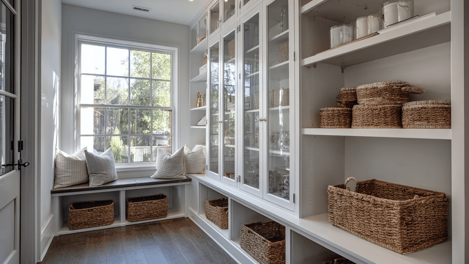 mud room with glass front cabinets and styled storage display