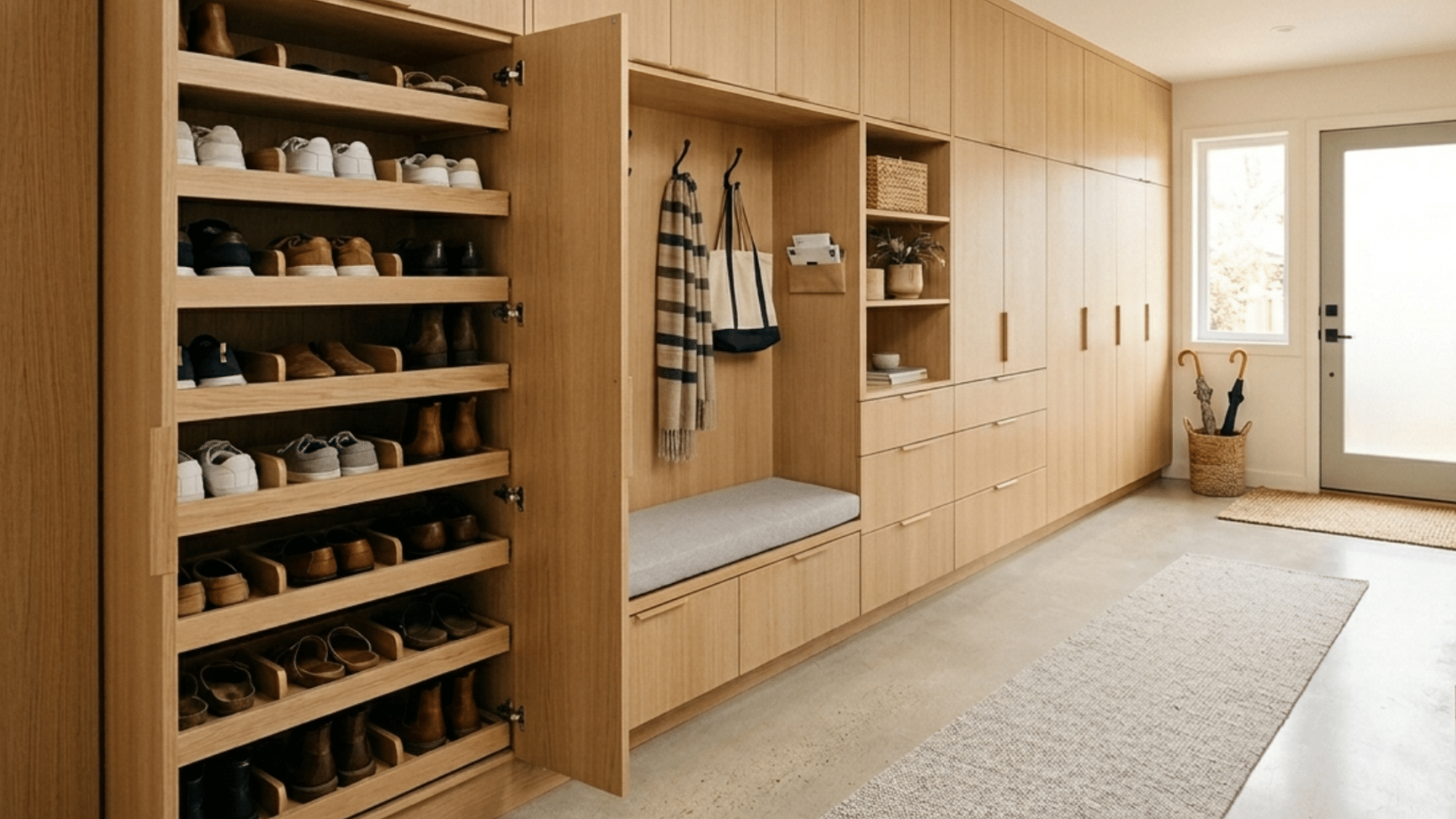 mud room with hidden shoe drawers and organized storage layout