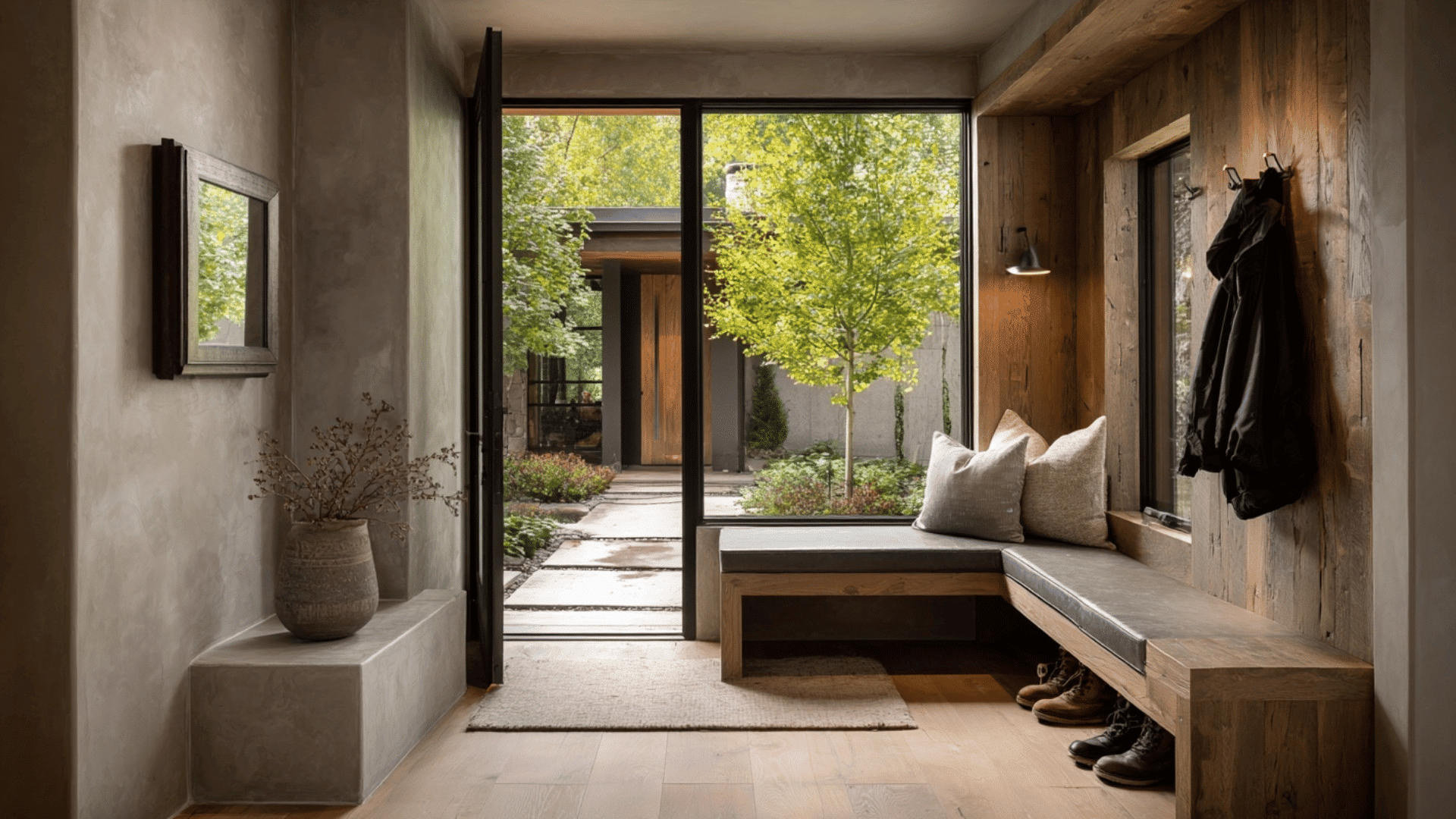 mud room with indoor outdoor design flow using matching materials for a seamless entry transition