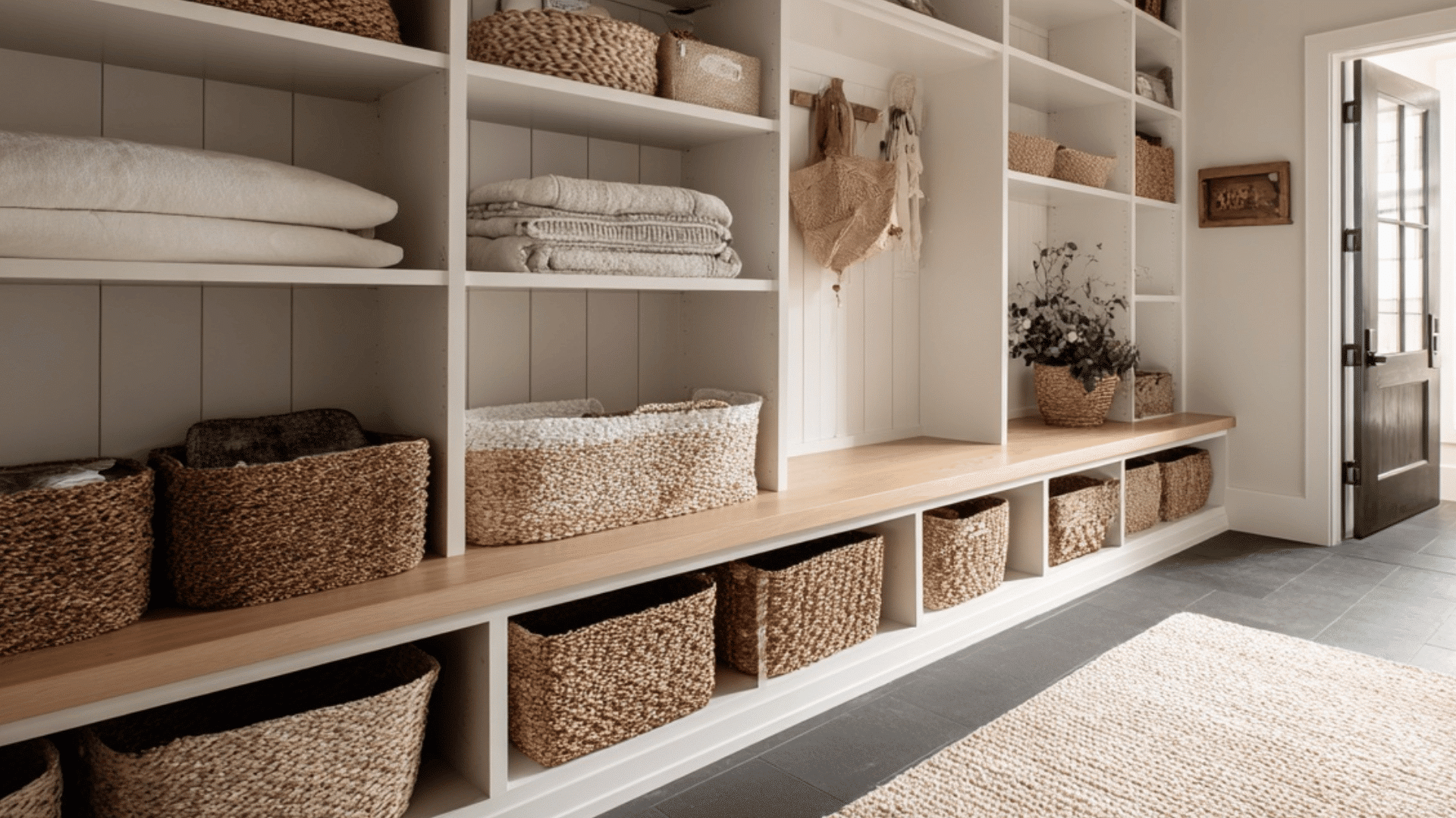mud room with open shelves and matching storage baskets