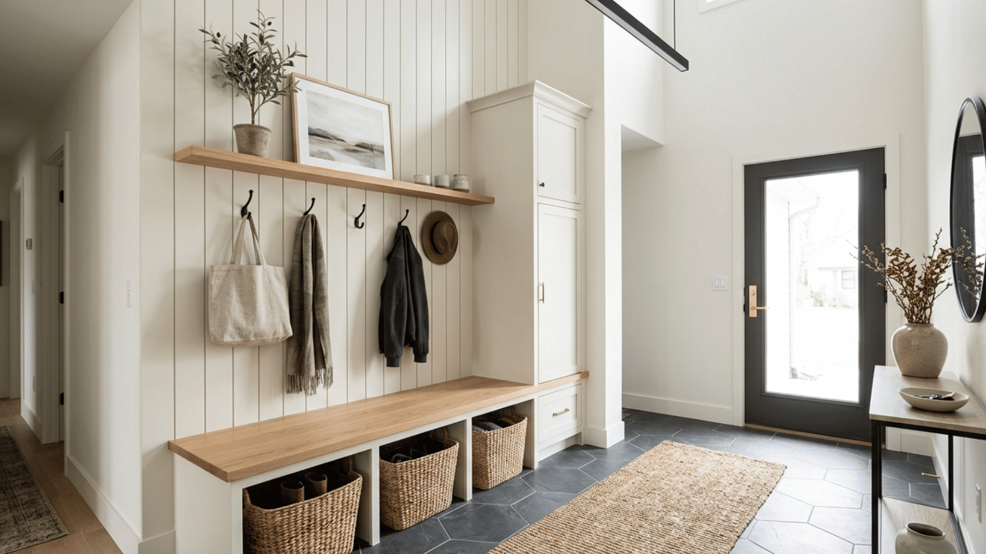 mud room with vertical shiplap wall and simple modern design