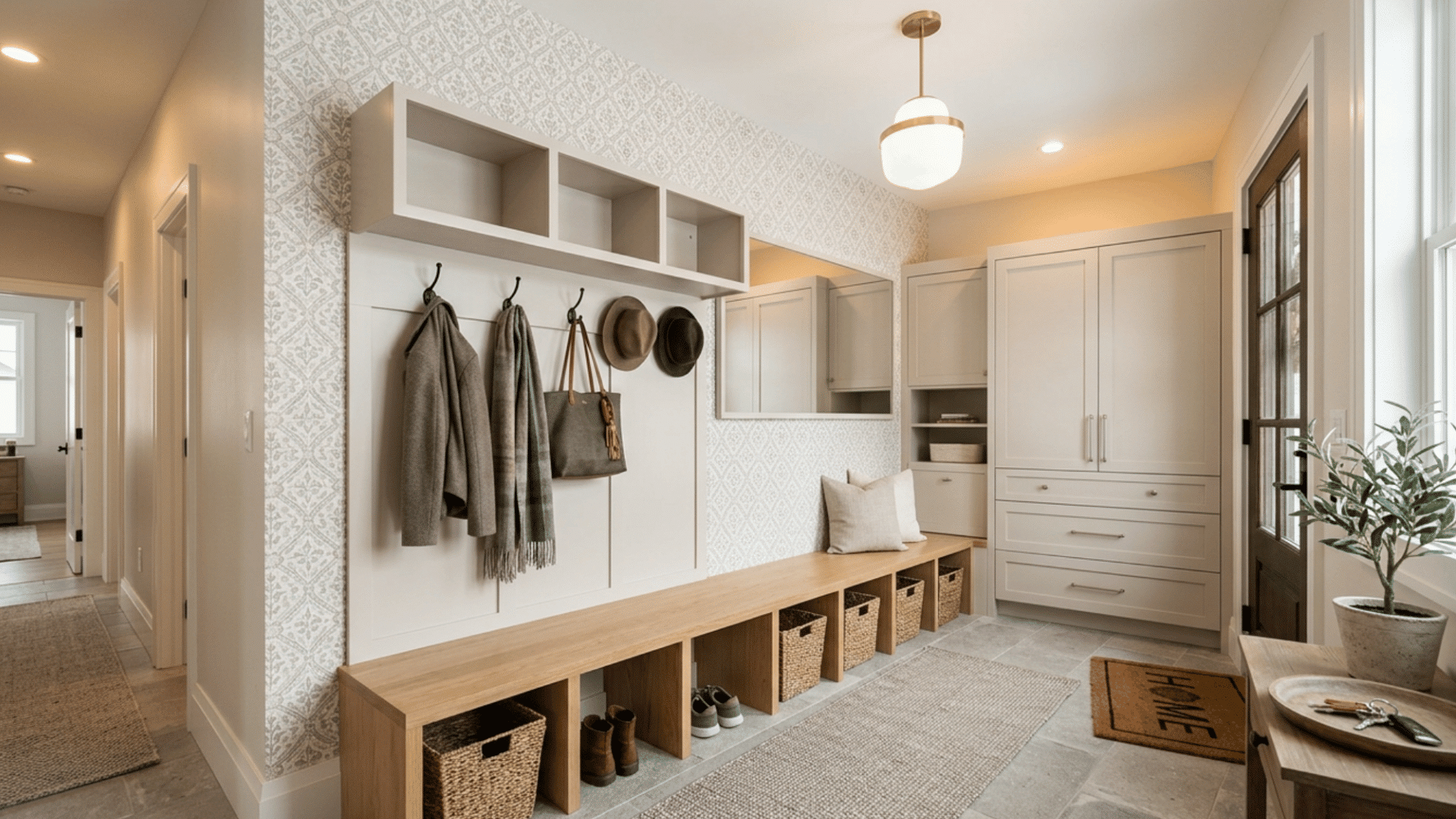 mud room with wallpaper accent wall, subtle patterns, and clean modern styling for added visual interest