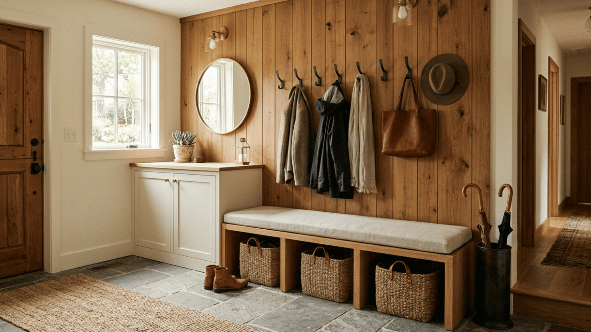 mud room with warm wood panel walls and cozy modern design