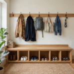 mudroom bench ideas with storage showing built-in wooden bench with shoe cubbies and wall hooks in a bright entryway