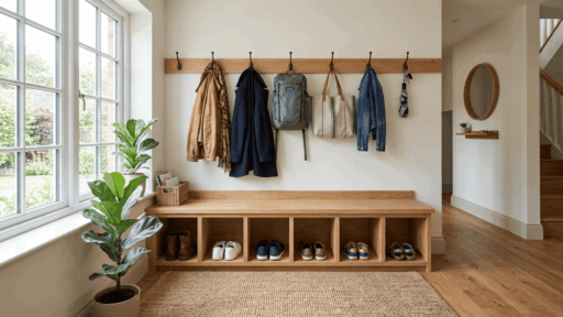mudroom bench ideas with storage showing built-in wooden bench with shoe cubbies and wall hooks in a bright entryway