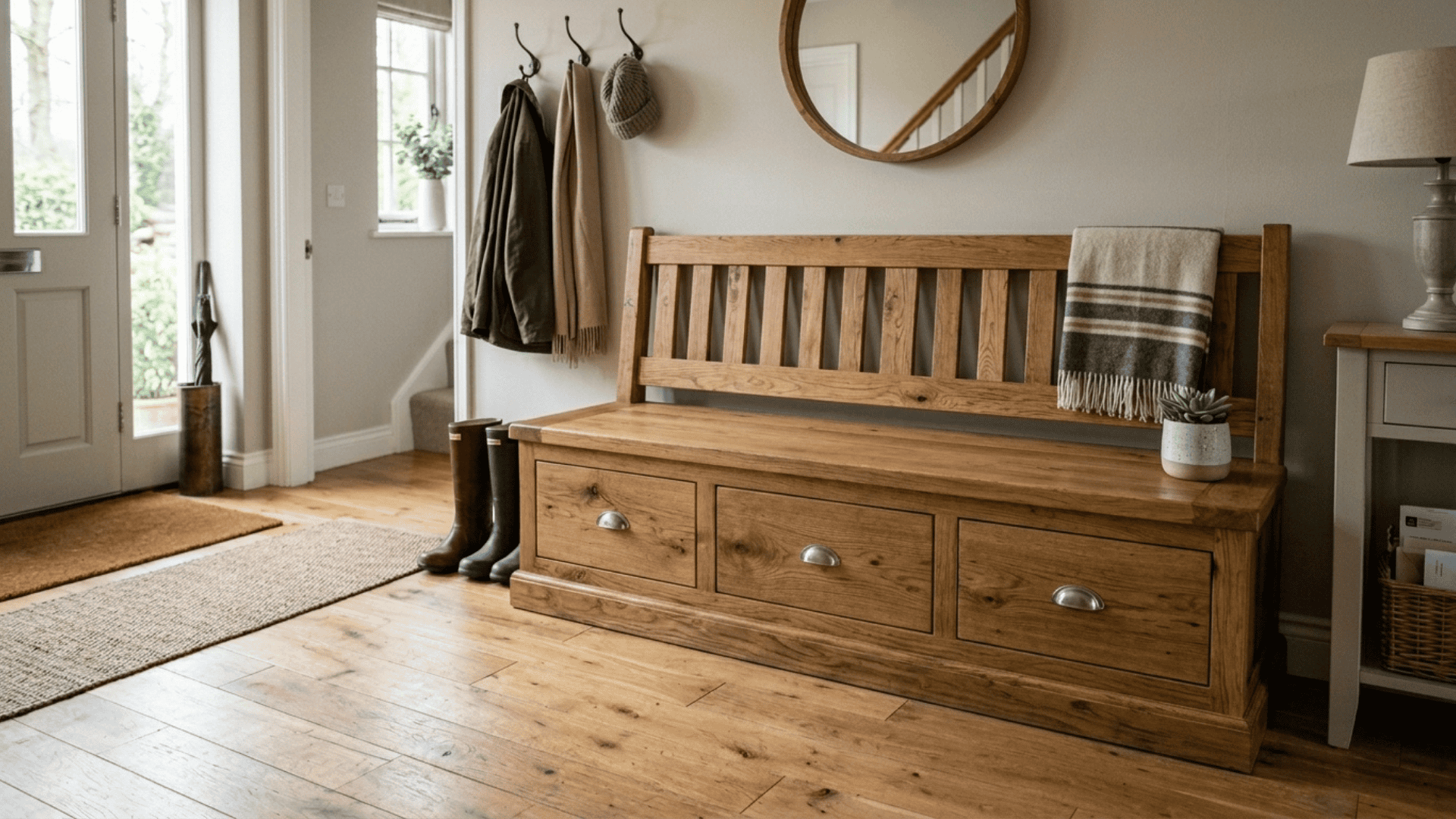 mudroom bench with storage drawers in solid oak wood with slatted back blanket and rubber boots in a bright entryway