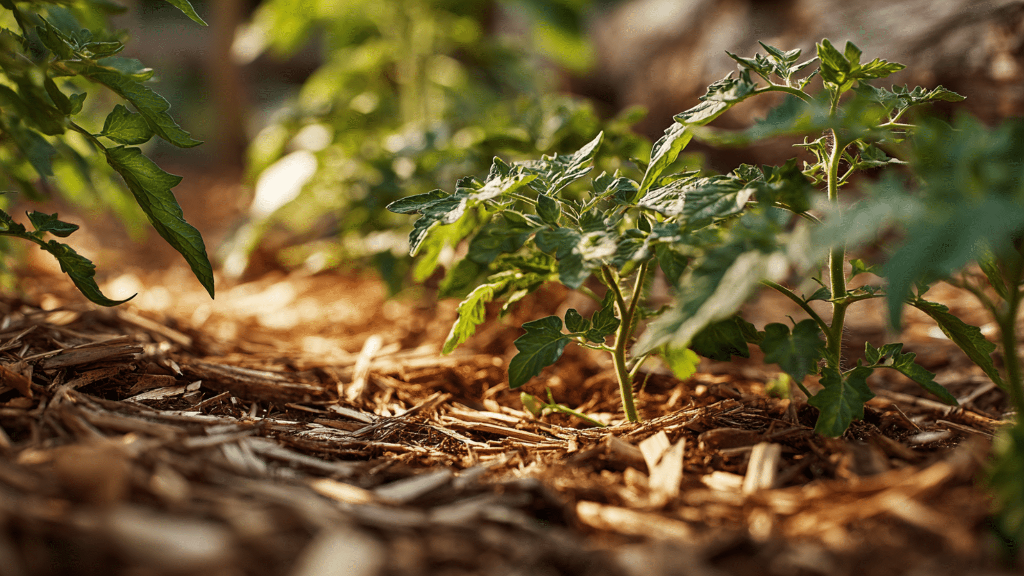 mulching around tomato plants to retain soil moisture and control weeds
