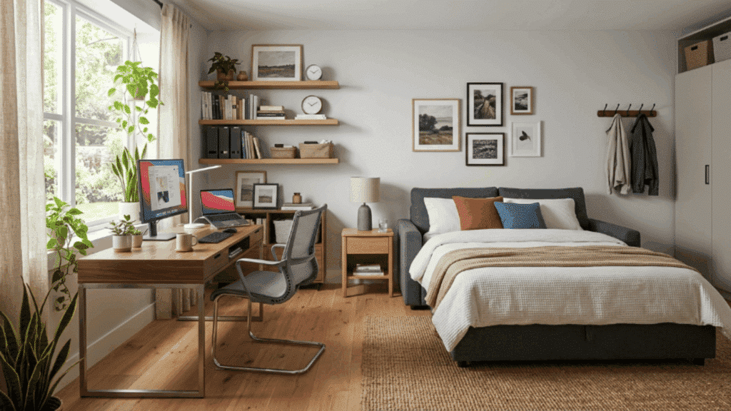 multi-use room with home office setup and bed, organized workspace, natural light, and functional layout